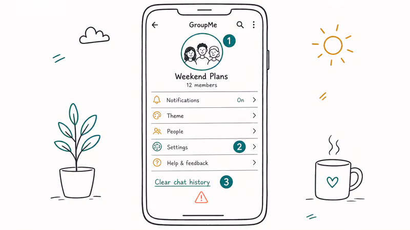 Hand-drawn GroupMe chat settings with three numbered taps from group avatar to clear chat history option