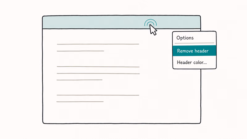 Google Docs window showing the Options dropdown with Remove header selected on desktop