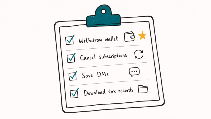 Hand-drawn checklist clipboard with four prep items including wallet withdrawal subscriptions DMs and tax records