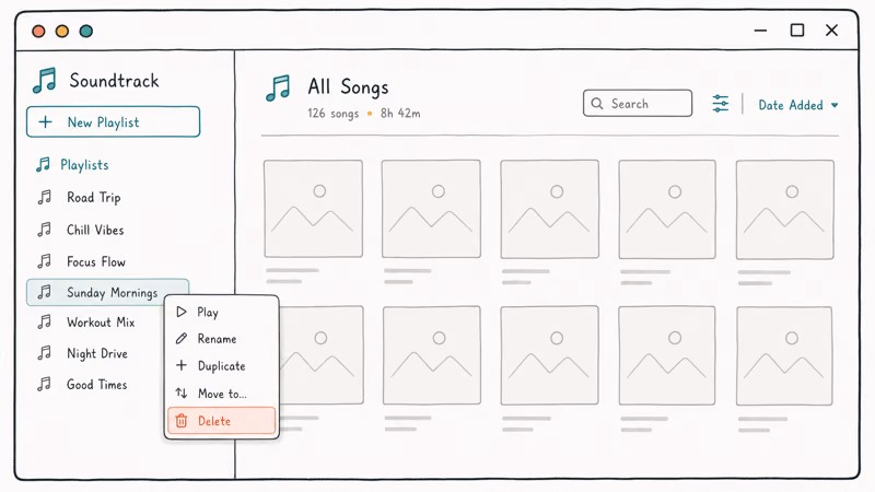 Desktop Spotify sidebar with a right-click context menu showing the Delete option