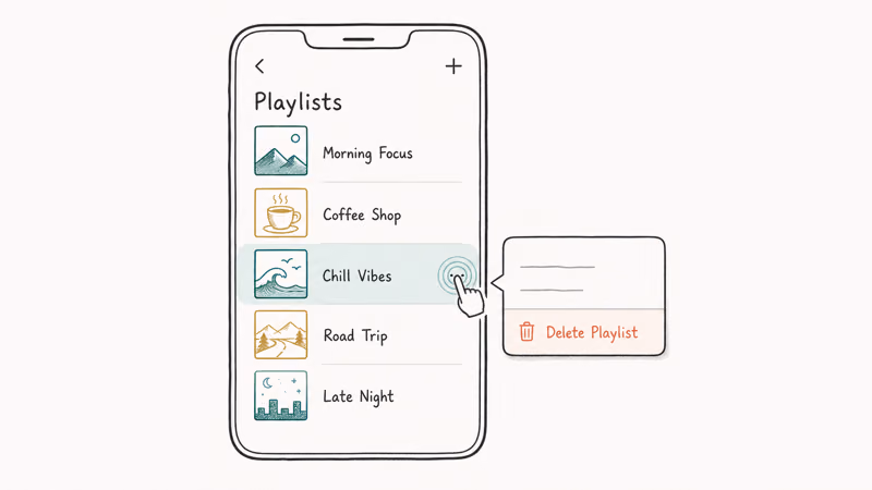 Phone screen showing the three-dots menu with Delete Playlist option on Spotify mobile