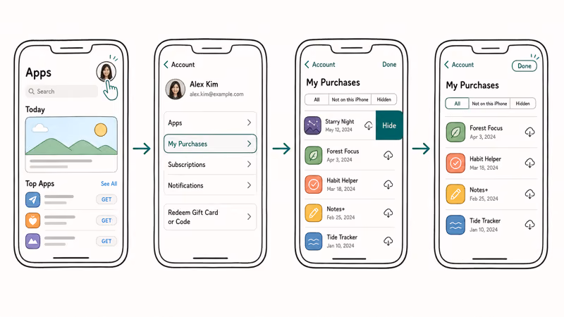 Four phone screens showing App Store profile to Purchased swipe left Hide and Done flow