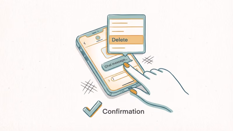 Finger long-pressing a chat message with delete popup menu and confirmation