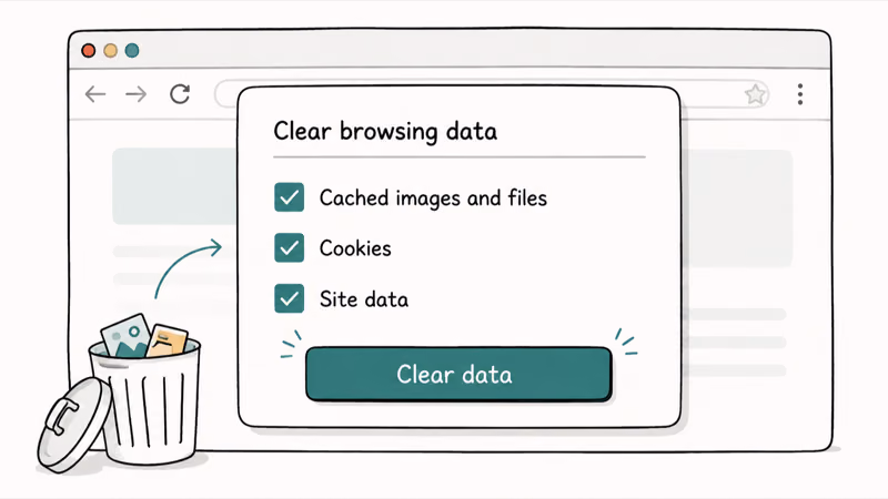 Browser clear data panel with cache cookies and images selected for removal