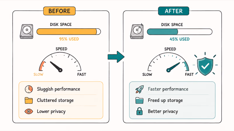 Before and after disk space bar with faster speed gauge and privacy shield check