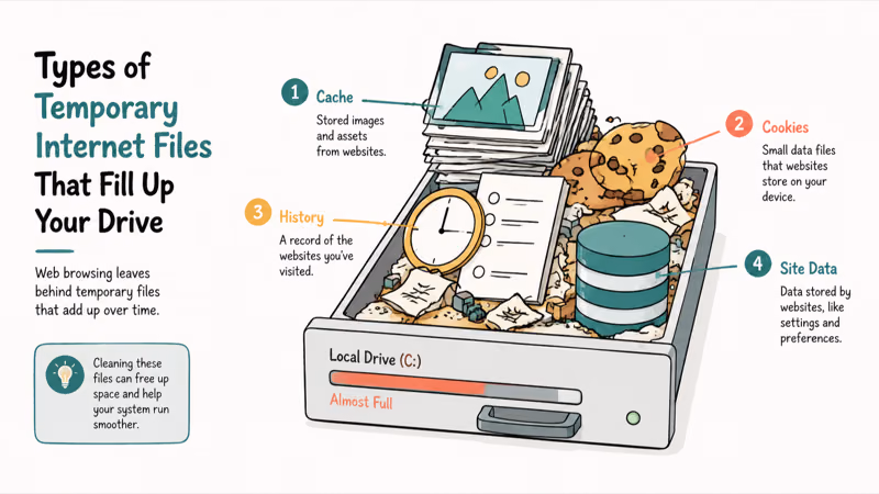 Browser cache cookies history and site data icons filling a hard drive tray