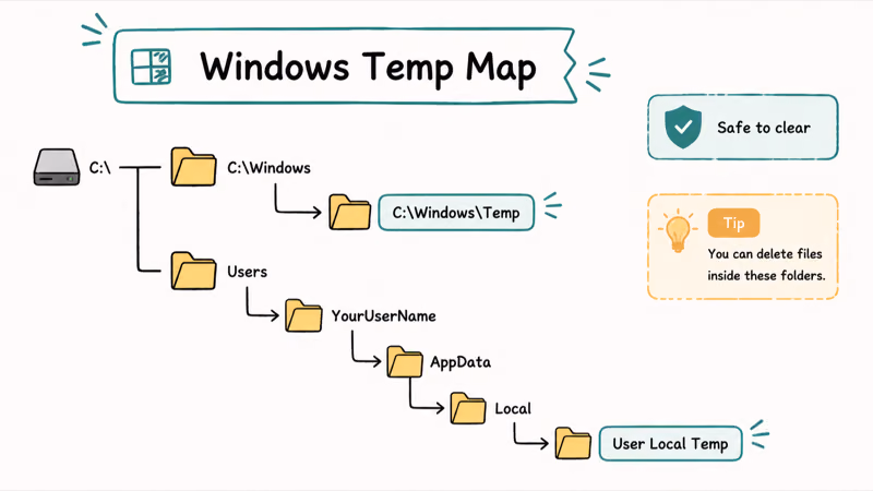 Windows Temp and user Local Temp folders highlighted on a simple path map