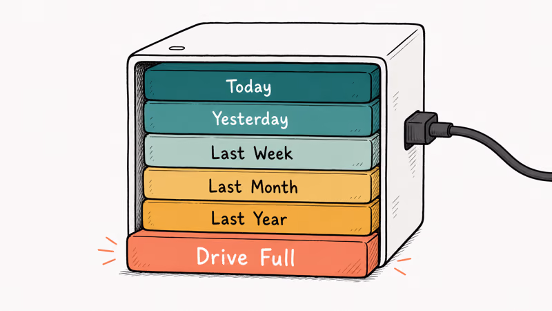 Hand-drawn external drive with stacked Time Machine snapshots from Today to Last Year overflowing as drive full.