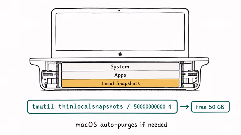 Hand-drawn Mac SSD layers with Local Snapshots highlighted and tmutil thinlocalsnapshots command to free 50 GB space.