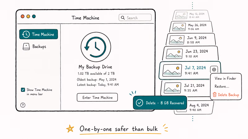 Hand-drawn Time Machine browse window with snapshot list and gear menu Delete Backup with 8GB recovered popup.