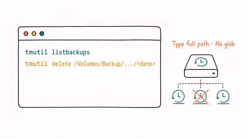 Hand-drawn Terminal showing tmutil listbackups and tmutil delete commands with full-path warning and snapshot crossed out.