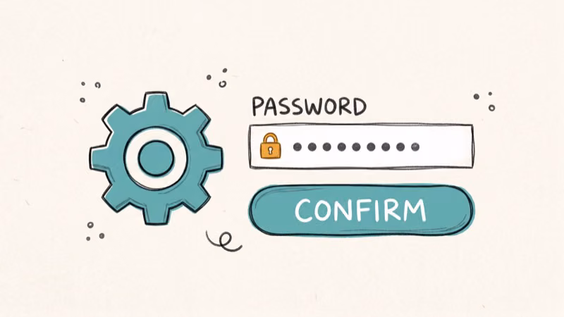 Hand-drawn settings gear icon with password field and confirm button