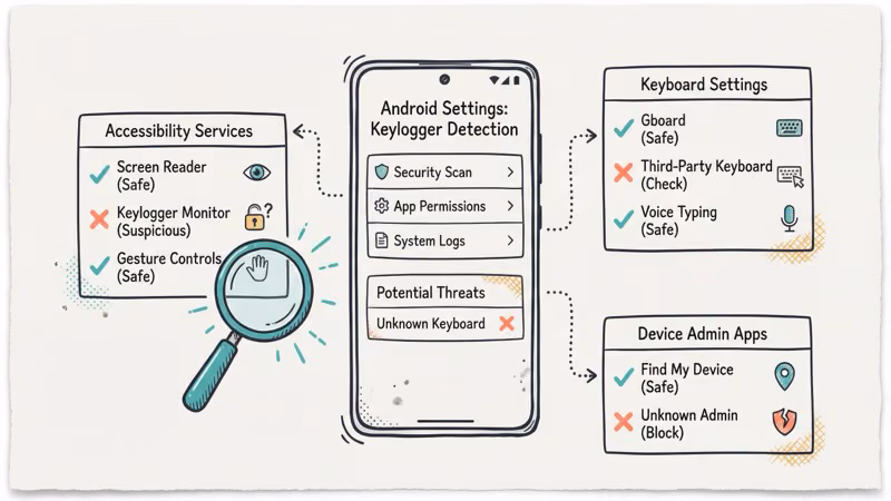 Android settings screens for detecting keyloggers in accessibility and keyboard settings