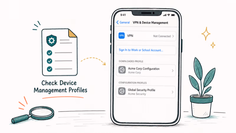 Hand-drawn illustration: Check Device Management Profiles