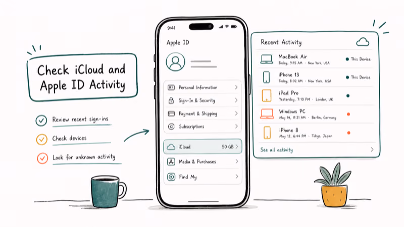 Hand-drawn illustration: Check iCloud and Apple ID Activity