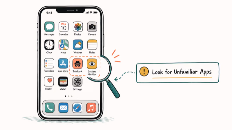 Hand-drawn illustration: Look for Unfamiliar Apps
