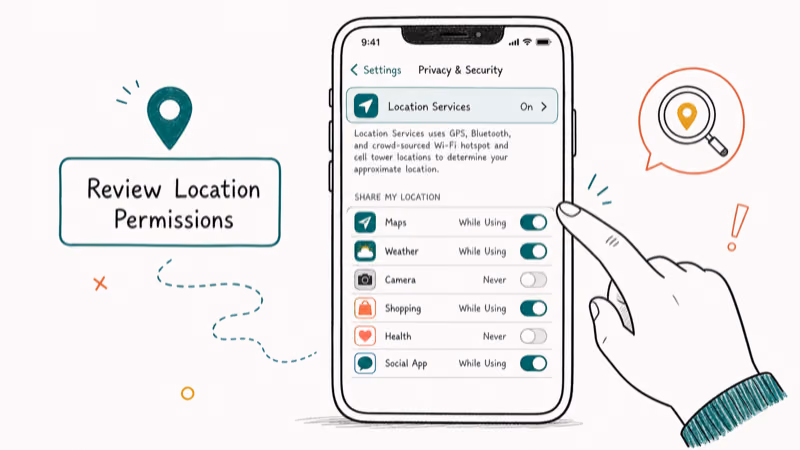 Hand-drawn illustration: Review Location Permissions