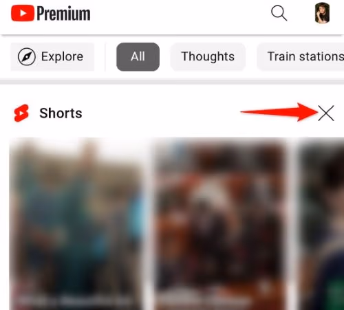 tap the "X" icon to Remove YouTube Shorts via YouTube