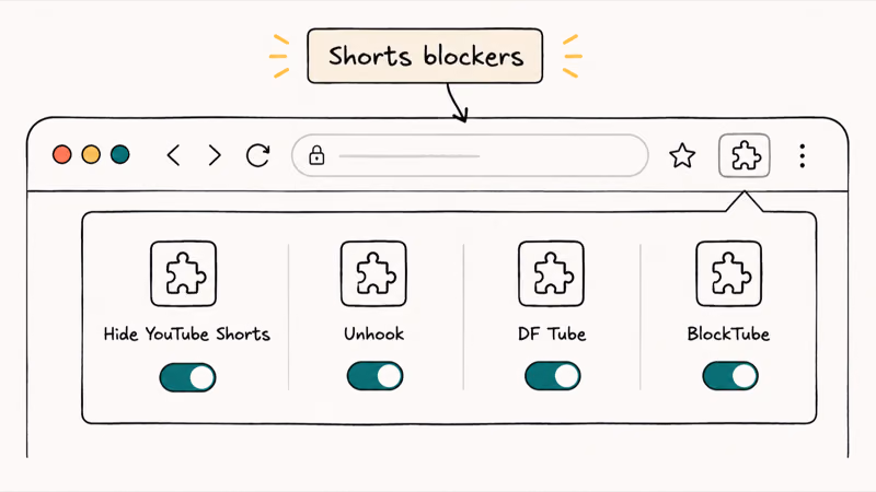 Browser extension shelf with four Shorts blocker tiles including Hide YouTube Shorts Unhook DF Tube and BlockTube