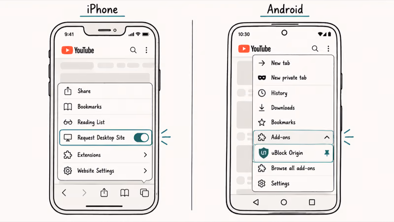 Side by side mobile screens showing iPhone Safari desktop site toggle and Android Firefox with uBlock Origin extension