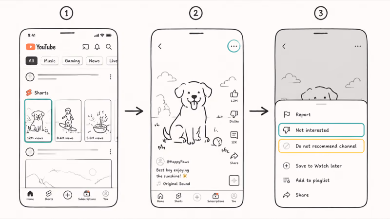 Three step phone flow tapping the three dot menu on a Shorts tile selecting Not interested or Do
