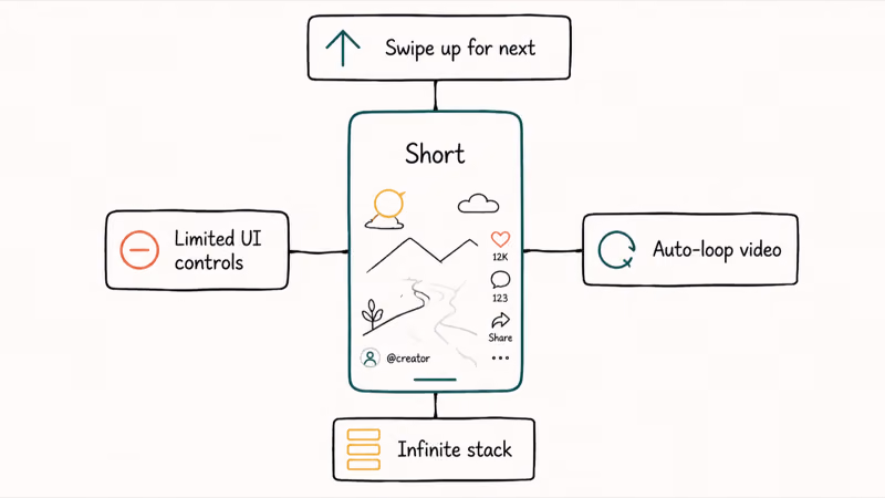 Anatomy card showing vertical Shorts feed with swipe up arrow infinite stack and no comments by default tag
