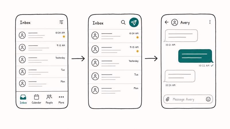 Three-screen flow showing how to open the TikTok inbox and send a direct message
