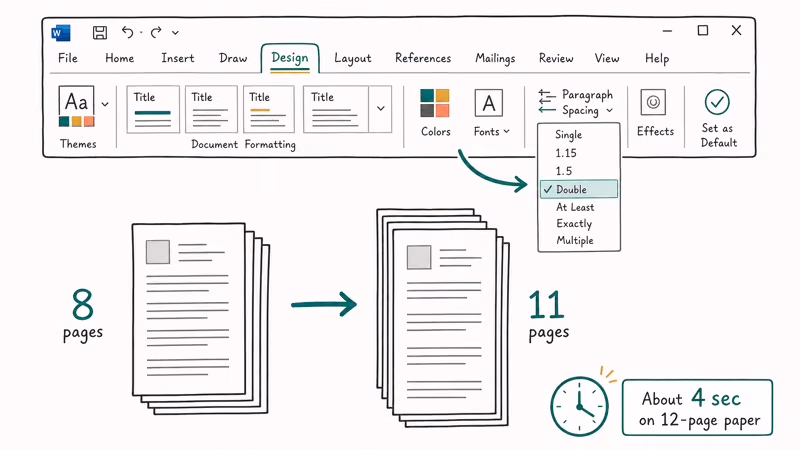 Word Design tab Paragraph Spacing dropdown showing Double selected with document repagination