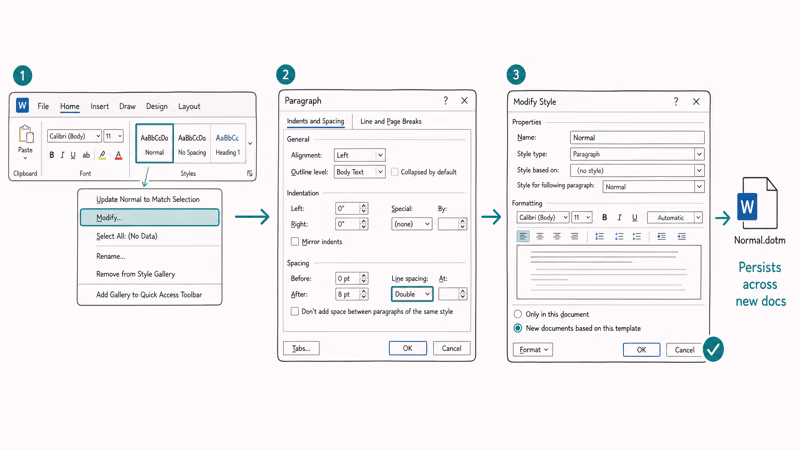 Word Normal style modification flow setting double spacing default in Normal dotm template
