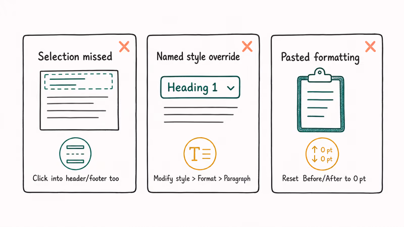 Three reasons Word double spacing fails selection scope named styles and pasted formatting