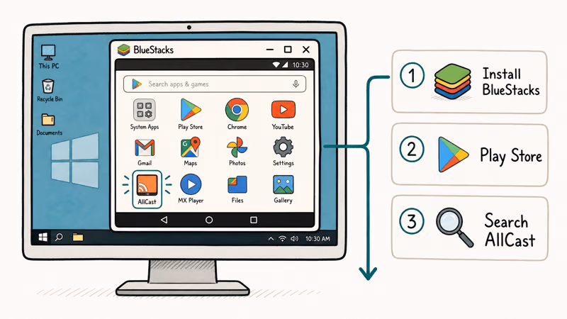 BlueStacks emulator running AllCast inside Windows desktop with three labeled install steps and teal download flow