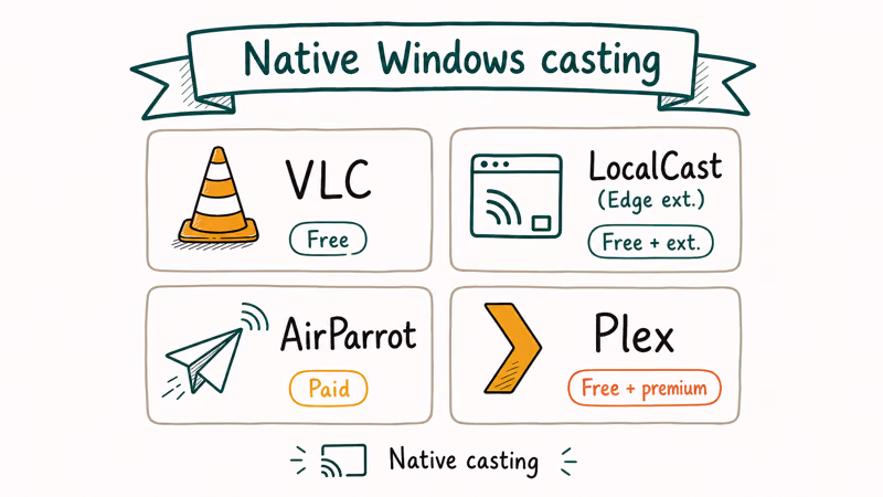 Four Windows casting alternatives grid showing VLC LocalCast AirParrot and Plex with platform pricing pills