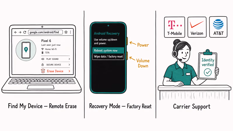 Three official Android unlock paths: Find Hub, recovery, carrier support