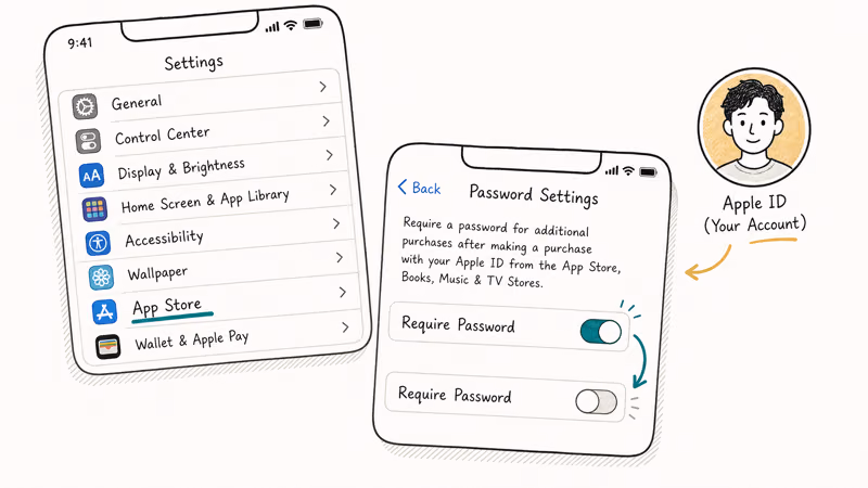 Hand-drawn iPhone Settings cascade through App Store Password Settings showing Require Password toggle being turned off for free