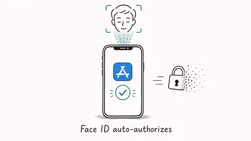 Hand-drawn iPhone with Face ID scanning a face silhouette next to an App Store download check showing Face