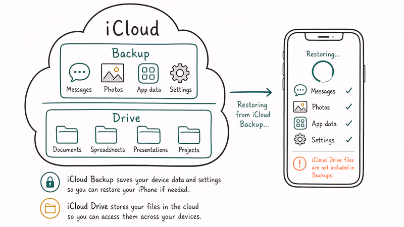 iCloud cloud diagram splitting into backup contents and Drive contents with phone restore arrow