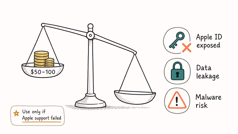 Balance scale weighing third-party iCloud tool cost against Apple ID exposure data leakage and malware risks
