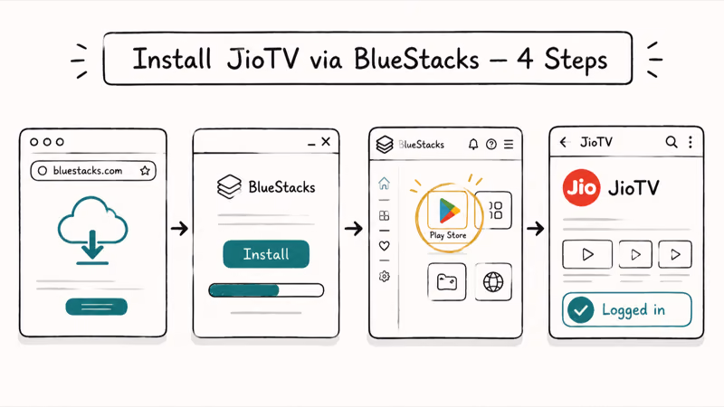Four-step illustration of installing BlueStacks and then JioTV on a Windows PC.