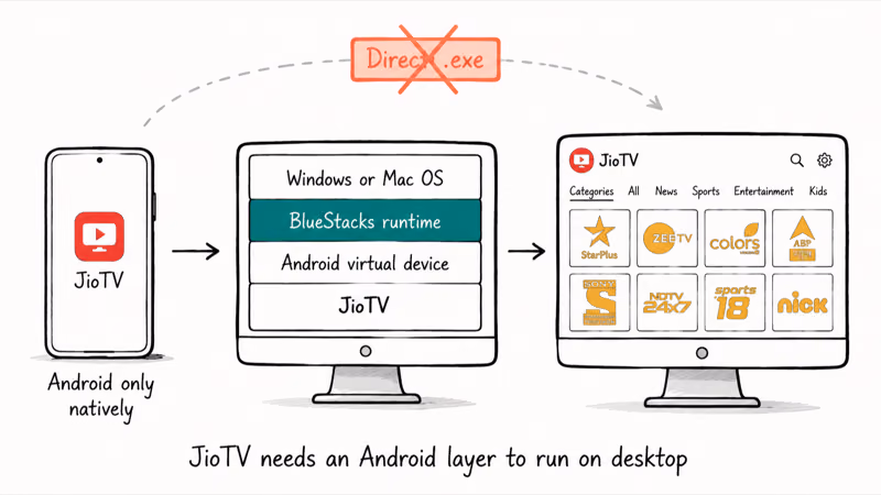 Hand-drawn diagram showing JioTV running on PC only through an Android emulator layer like BlueStacks.