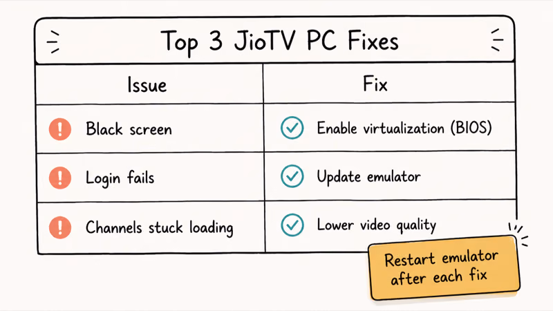 Three-row table mapping common JioTV emulator errors to their tested fixes on Windows or Mac.