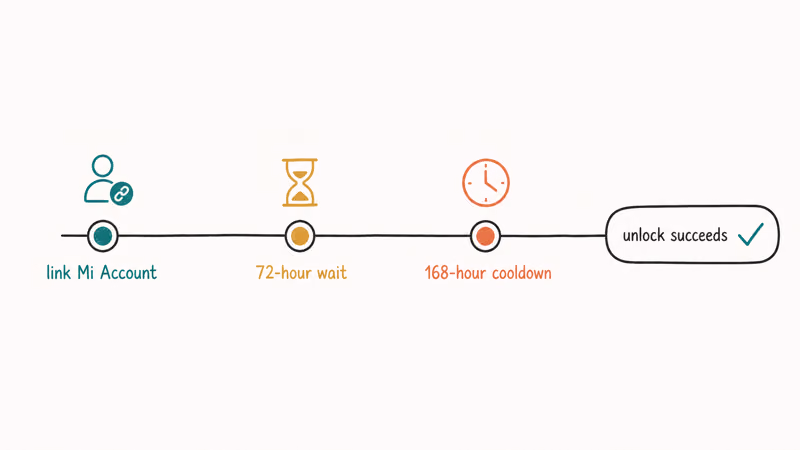Timeline showing the 72-hour account link and 168-hour cooldown before a Xiaomi unlock
