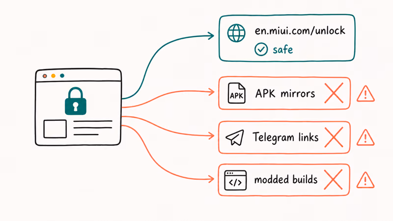 Diagram showing the official Mi Unlock URL as safe versus unsafe third-party mirrors