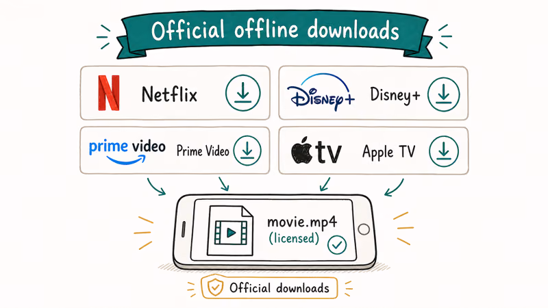 Four streaming services grid with download arrows showing Netflix Disney Plus Prime and Apple TV legal offline options