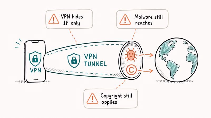 VPN tunnel from phone to globe with malware bug and copyright symbol leaking through warning bubbles