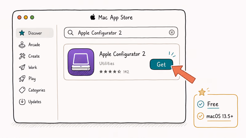 Mac App Store search showing Apple Configurator 2 result with teal Get button and macOS version requirement