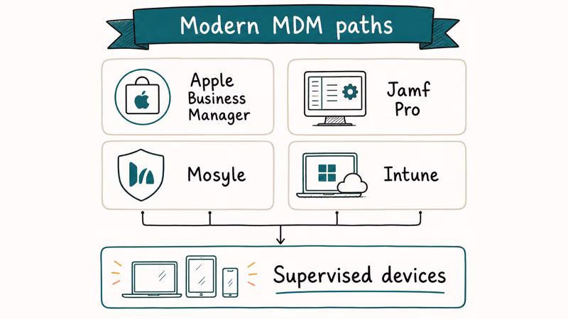 Four MDM platform tiles showing Apple Business Manager Jamf Pro Mosyle and Intune leading to supervised devices