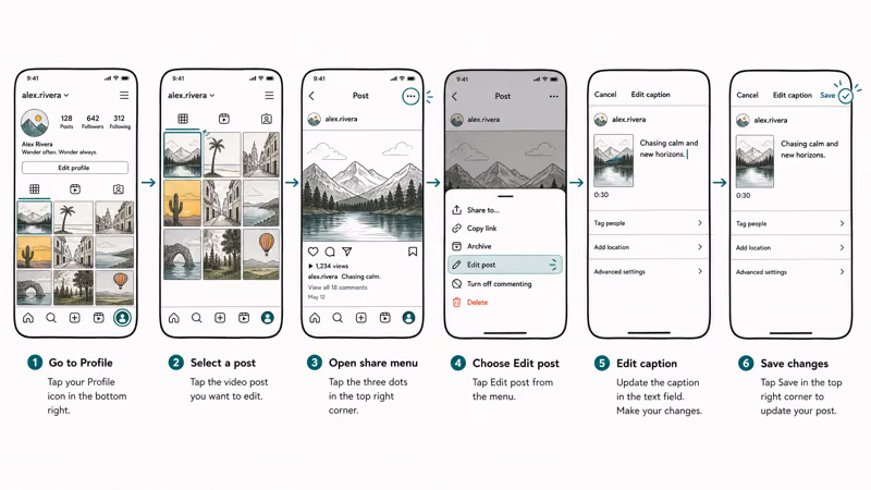 Six step TikTok caption edit flow from Profile through three dot Edit post to Save button
