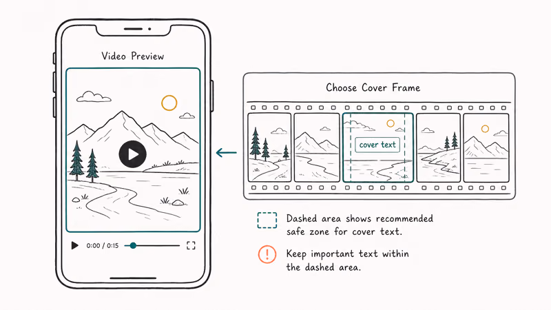 Phone screen showing thumbnail frame selection and cover text placement for a TikTok video
