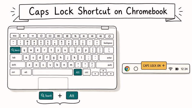 Hand-drawn Chromebook keyboard highlighting the Alt and Search keys for turning Caps Lock on with status badge.