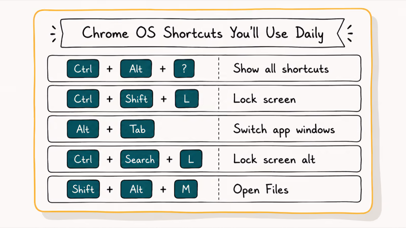 Hand-drawn cheat sheet of five Chrome OS keyboard shortcuts including lock screen and file manager actions.
